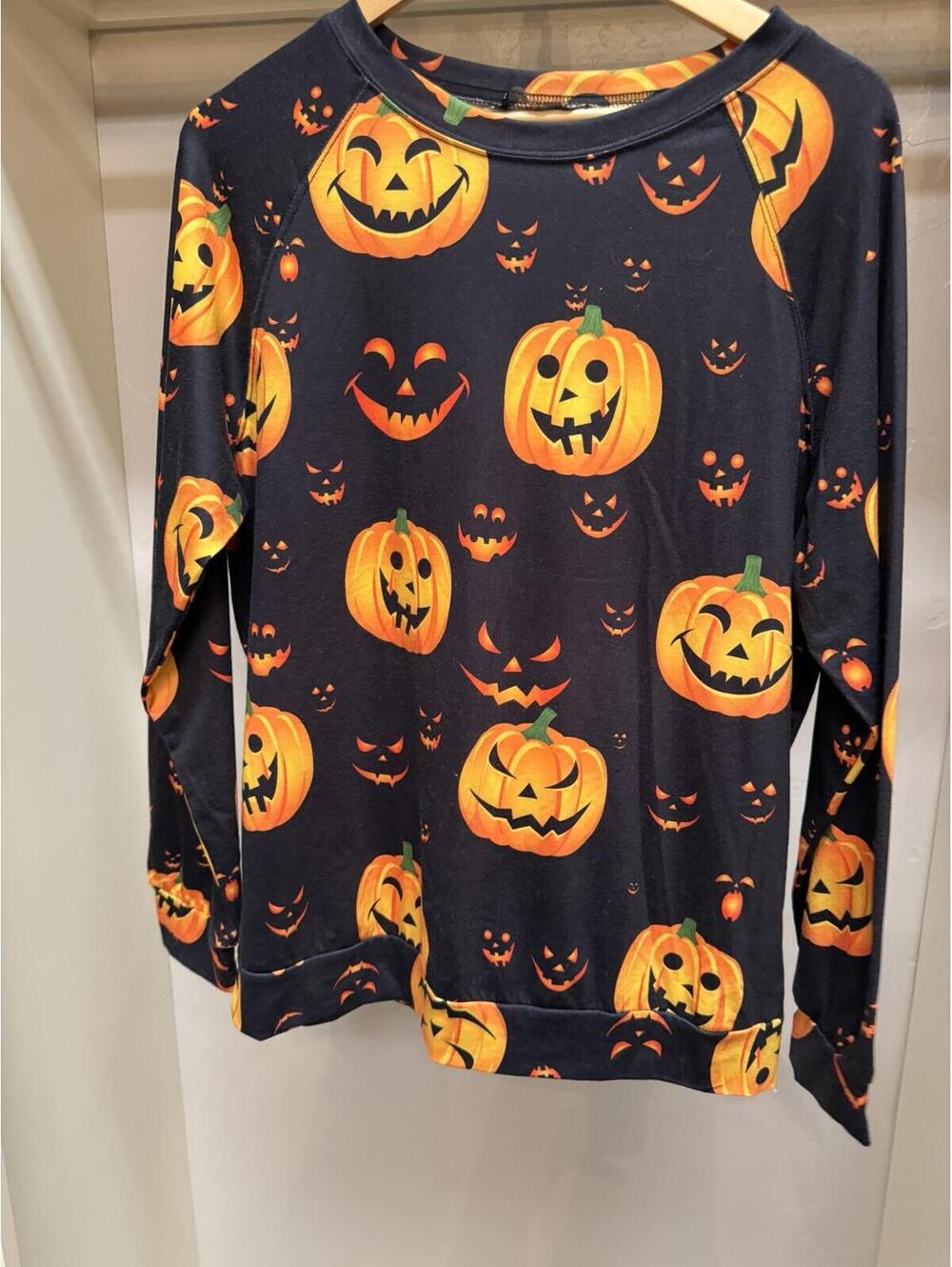 Halloween Pumpkin Print Long Sleeve Pullover Sweatshirt Navy Size L